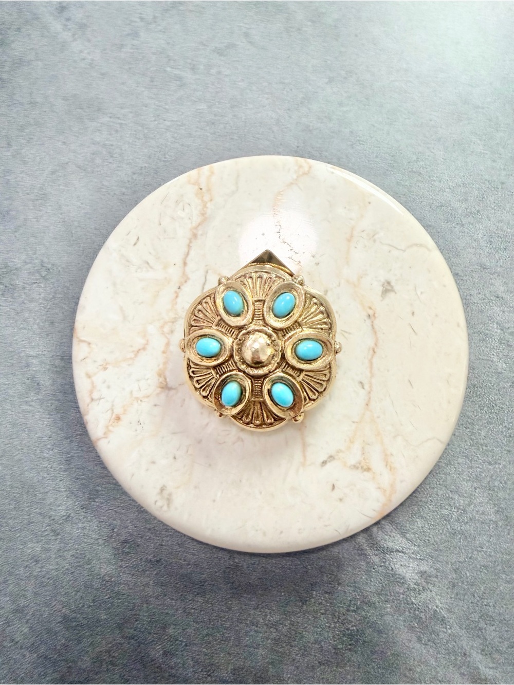 Vintage Signed Art Brooch Dress Scarf Clip Gold Tone Turquoise Cabochons